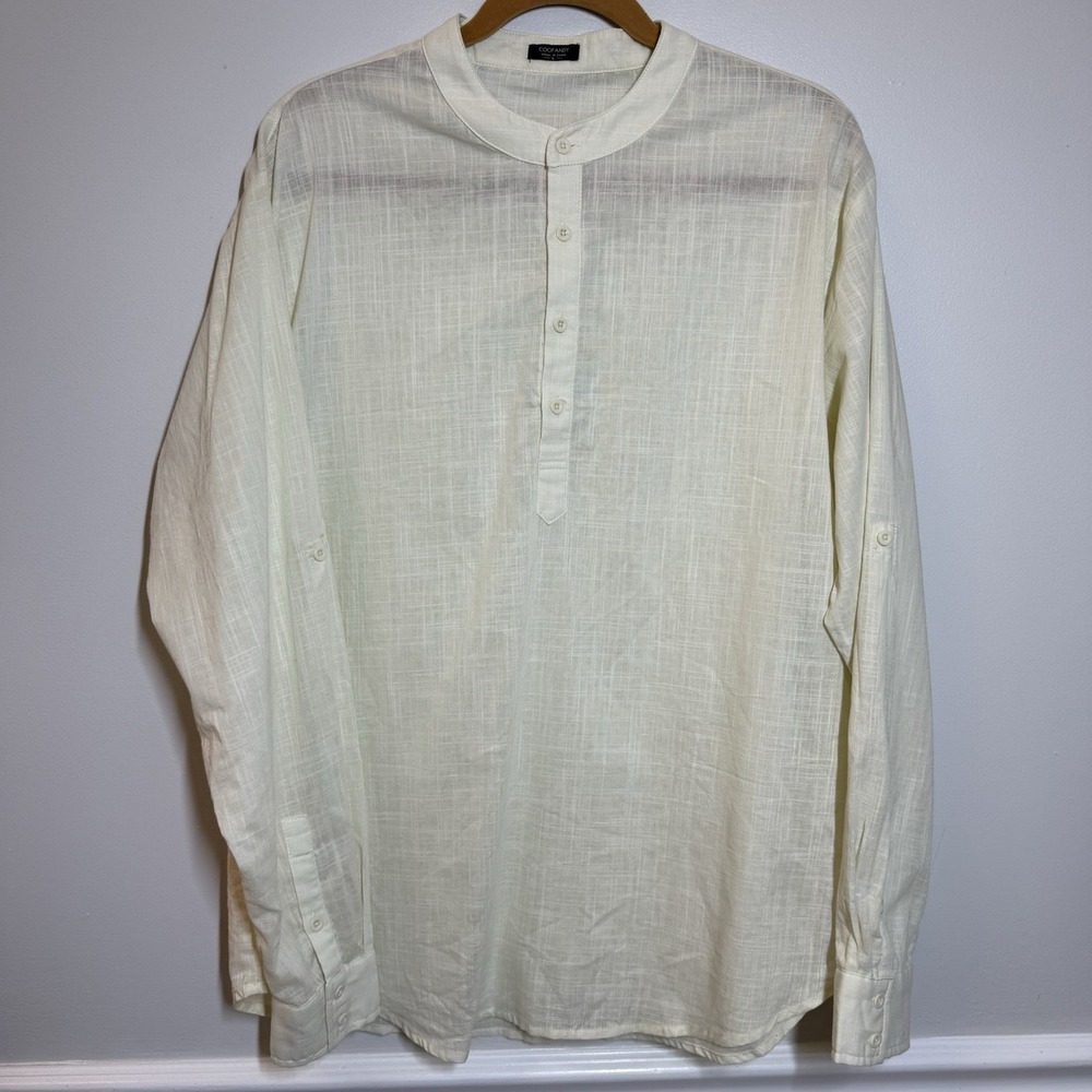COOFANDY Mens L Cotton Hemp Mandarin Collar Pullover Beach Boho Shirt Roll Tab